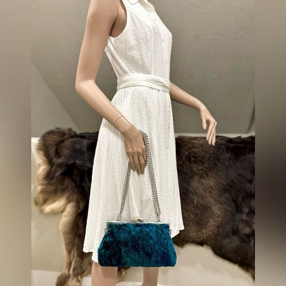 Peacock Blue Handmade Real Shearling Push Lock Clutch/Shoulder Bag/Crossbody - Picture 12 of 16